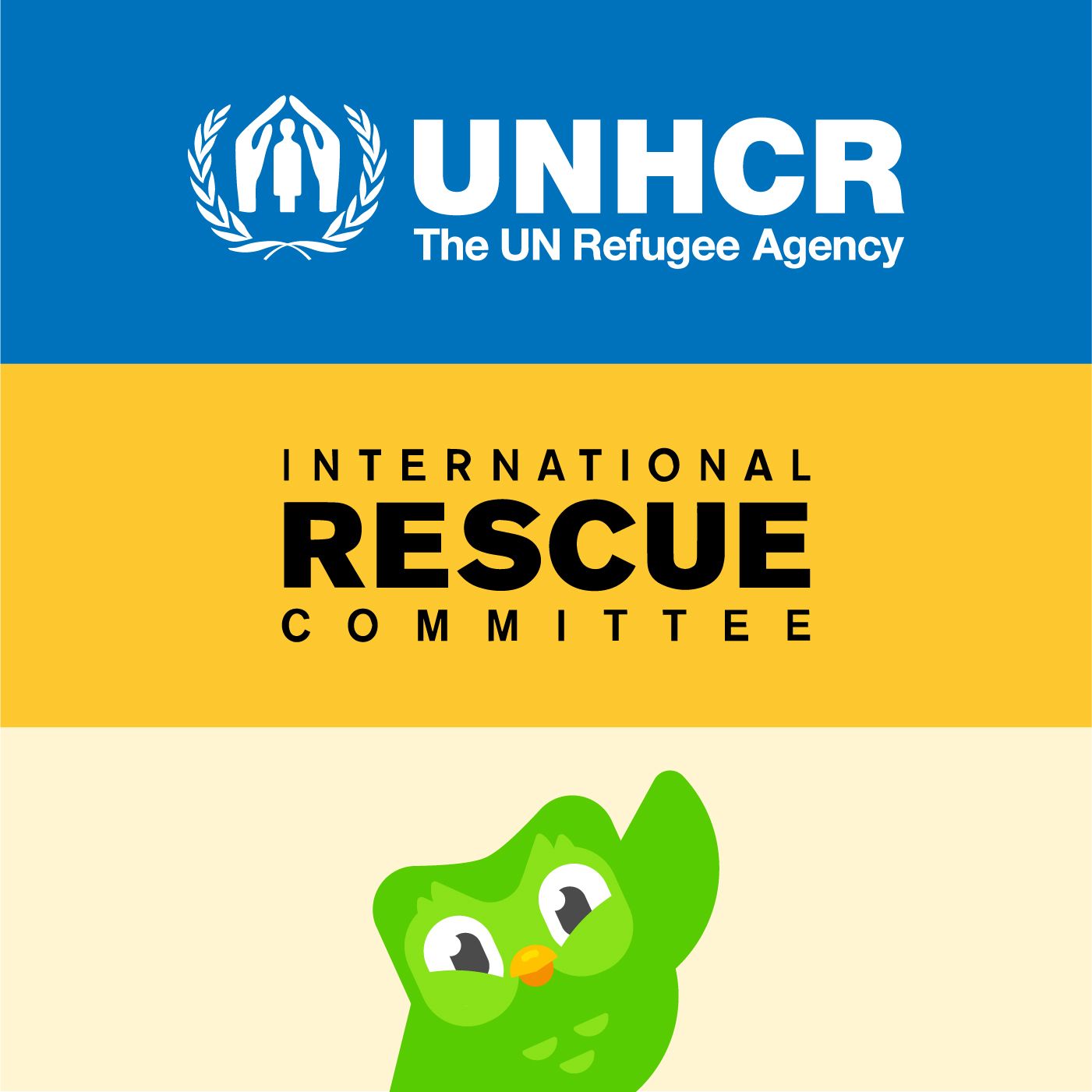 Illustration divided into three horizontal bands: the first horizontal band is blue and has the image and label of UNCHR: The UN Refugee Agency. The second band is yellow and says International Rescue Committee. The bottom band is beige and shows the Duolingo owl waving.