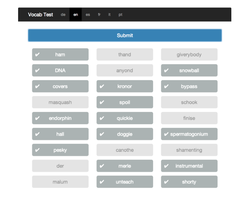 Image showing screen view of vocabulary quiz. There are boxes containing real words such as ham, pesky, and spoil, and boxes containing pseudowords such as masquash, thand, and shamenting