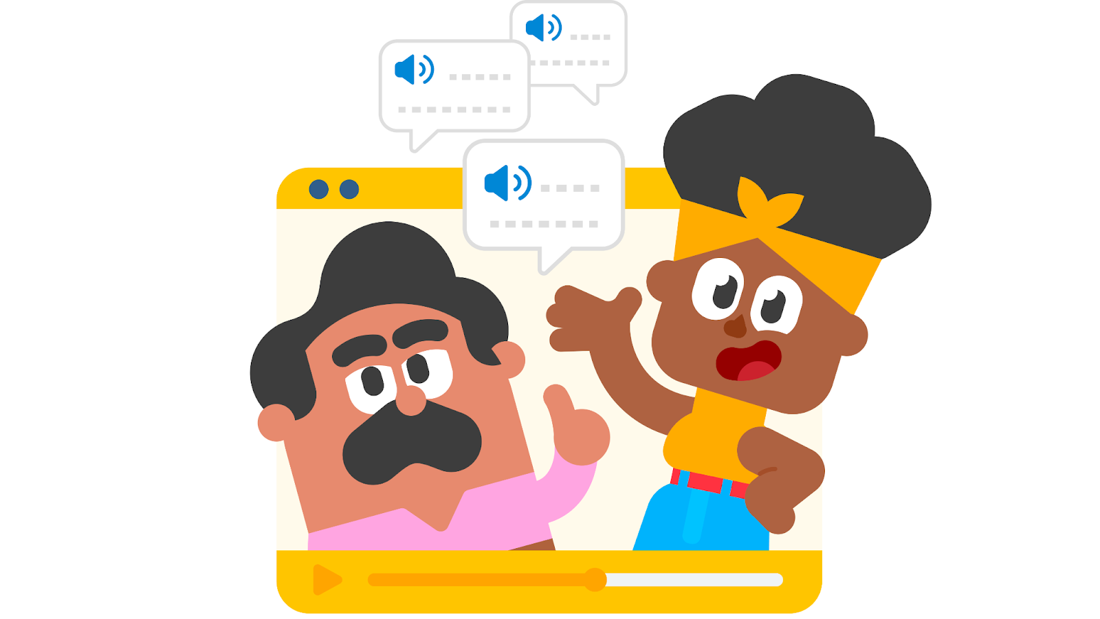 Duolingo characters Oscar and Bea popping out of a video chat screen with chat bubbles hovering between them
