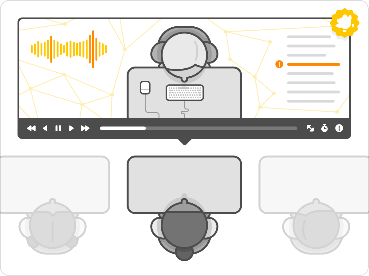 A video of a test taker displaying various controls and data is reviewed by one of multiple proctors.