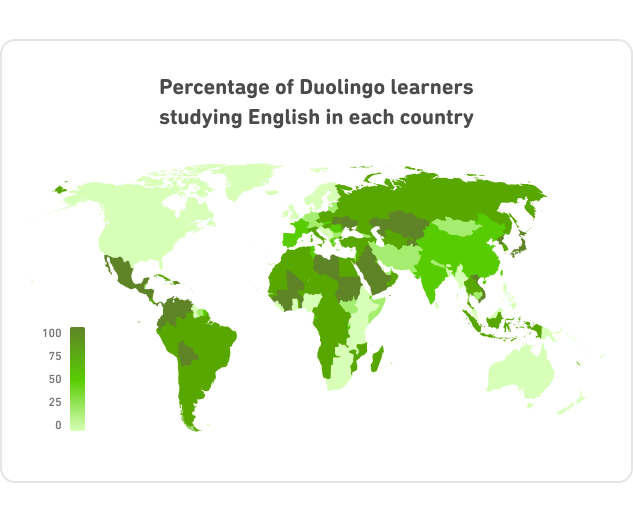 Image of world map percentage of learners studying english in different countries, with highest density in non-english speaking countries