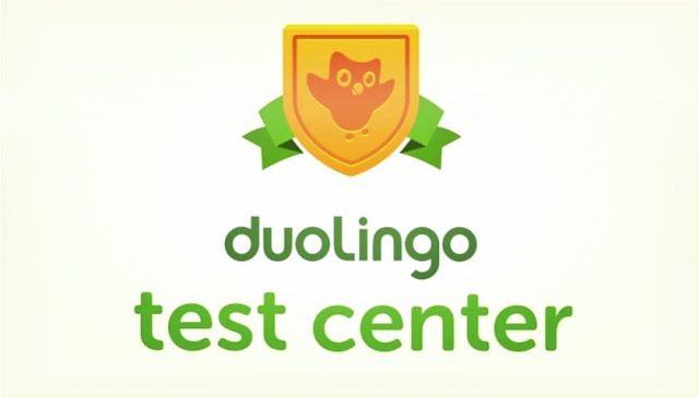 image of original duo the owl on a golden shield above the words "Duolingo Test Center"