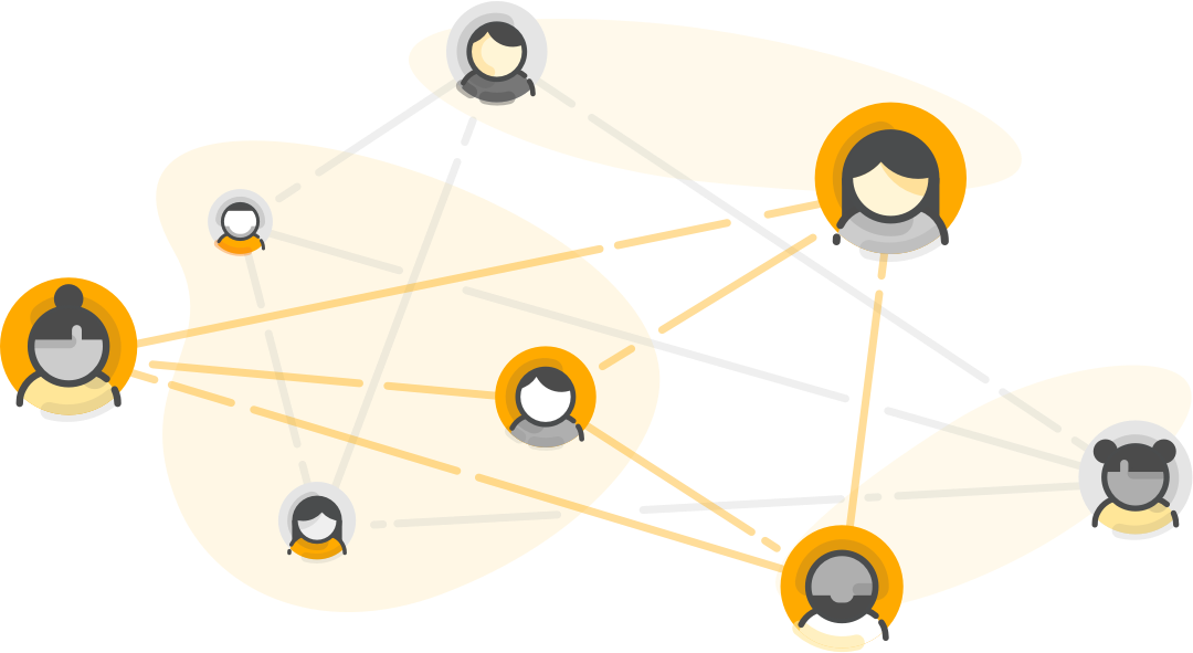 An image of eight test takers connected in a web by orange and grey lines