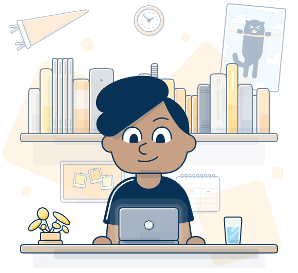 A cartoon image of a test taker at a desk, in front of a laptop. 