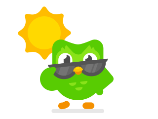 Duo, the green Duolingo Owl, standing in front of a sun, wearing sunglasses