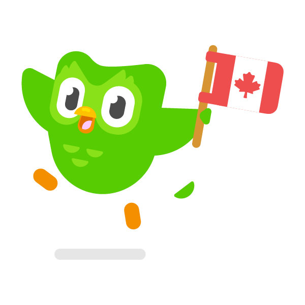 Duo, the green Duolingo owl, holding a Canadian flag