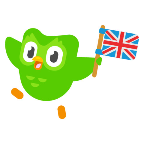 Duo, the green Duolingo owl, smiling and holding a Union Jack flag 