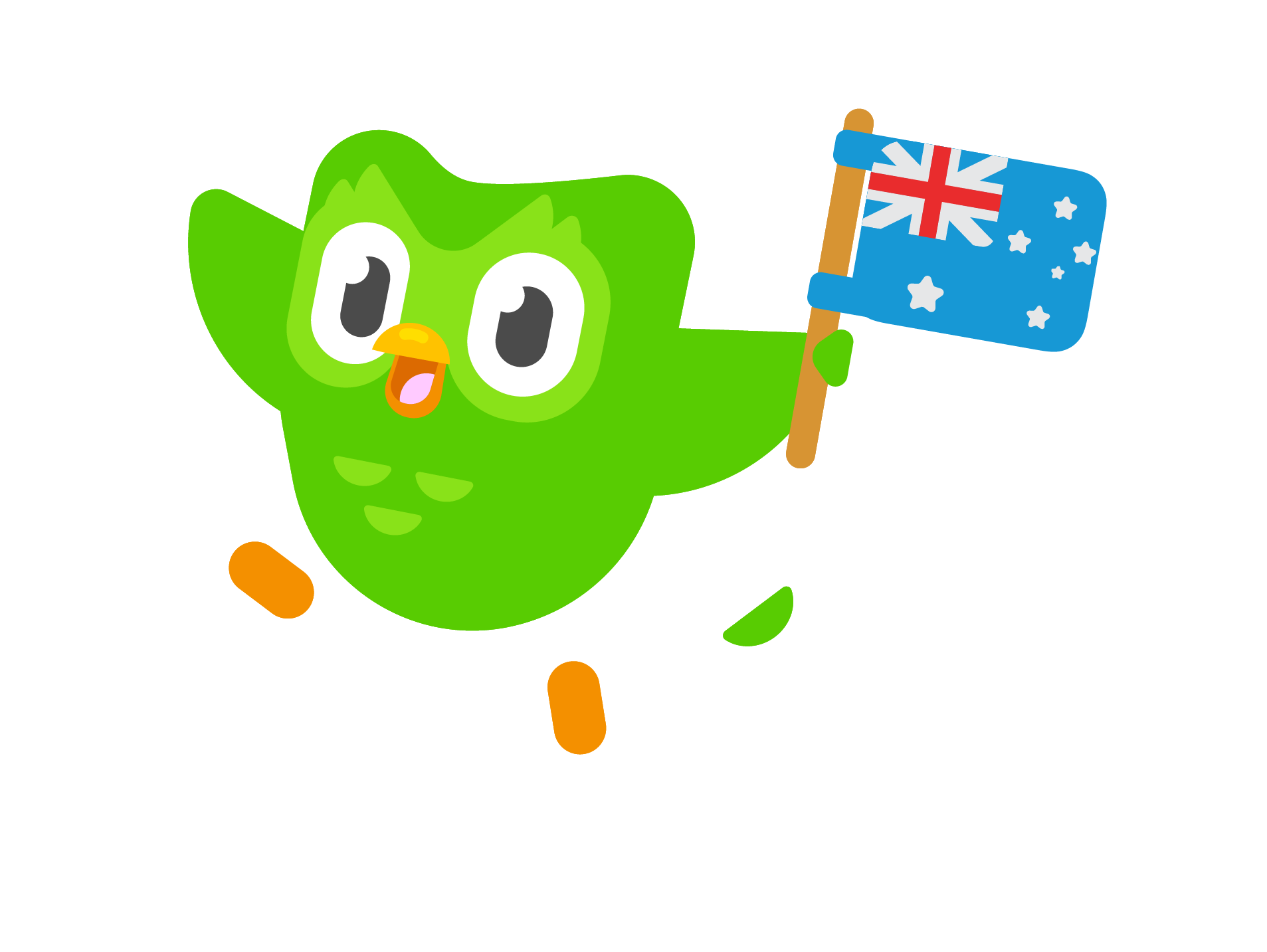 Duo, the green duolingo Owl, smiling and holding an Australian flag