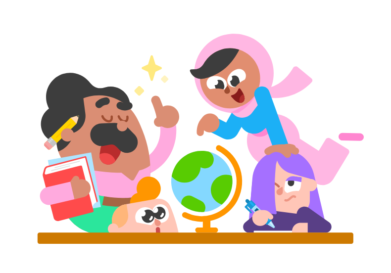 A cartoon illustration of Duolingo characters in a classroom. From left to right, Oscar, Junior, Zari and Lily. 
