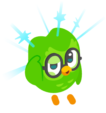 Duo, the green duolingo owl, wearing black circle glasses and pointing to his brain. There are blue sparks coming out of the top of his head.