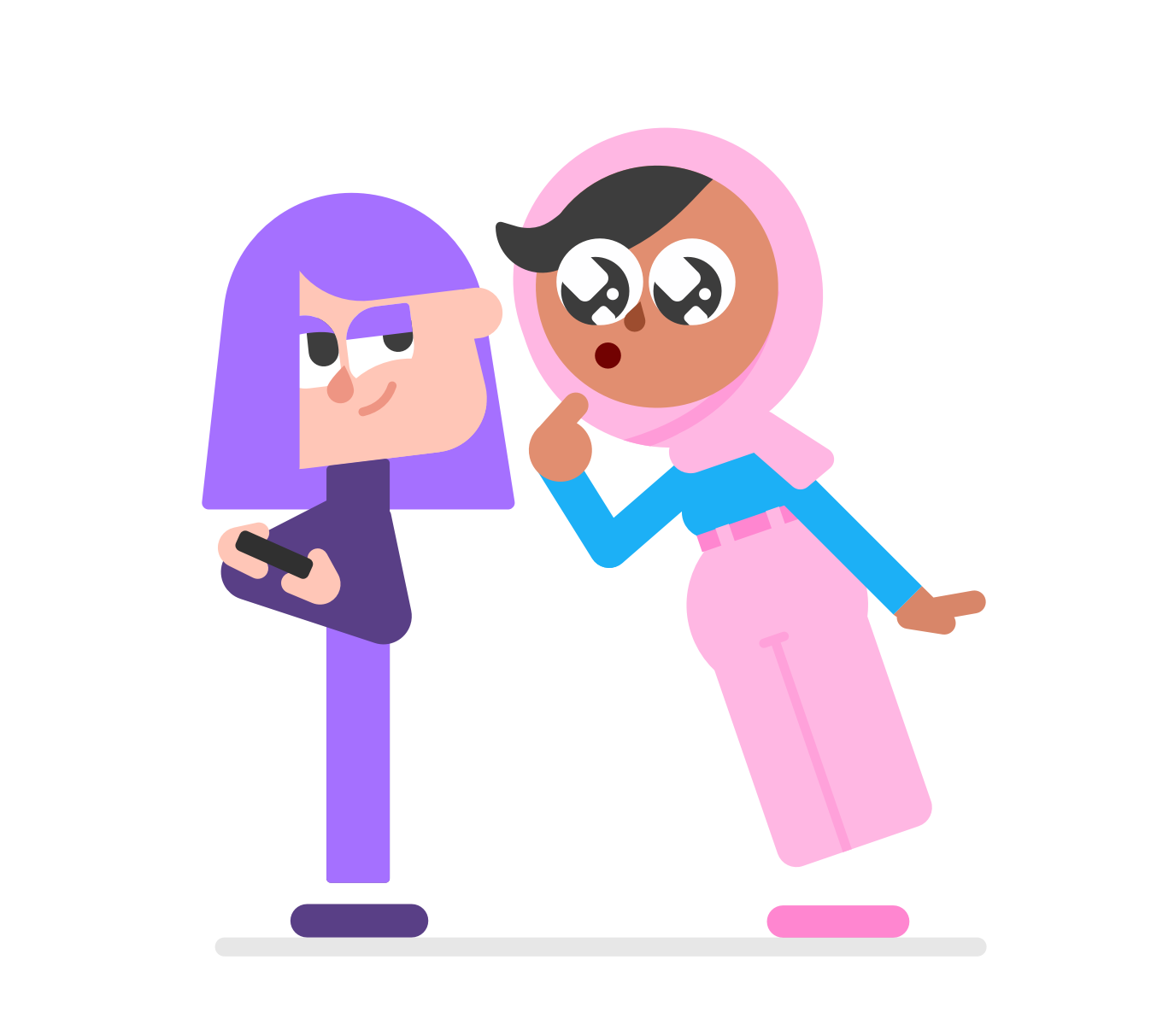 A cartoon of two girls, the one on the left is wearing all purple with purple hair and is holding a phone, the one on the right is wearing a pink hijab, and is looking at the phone.