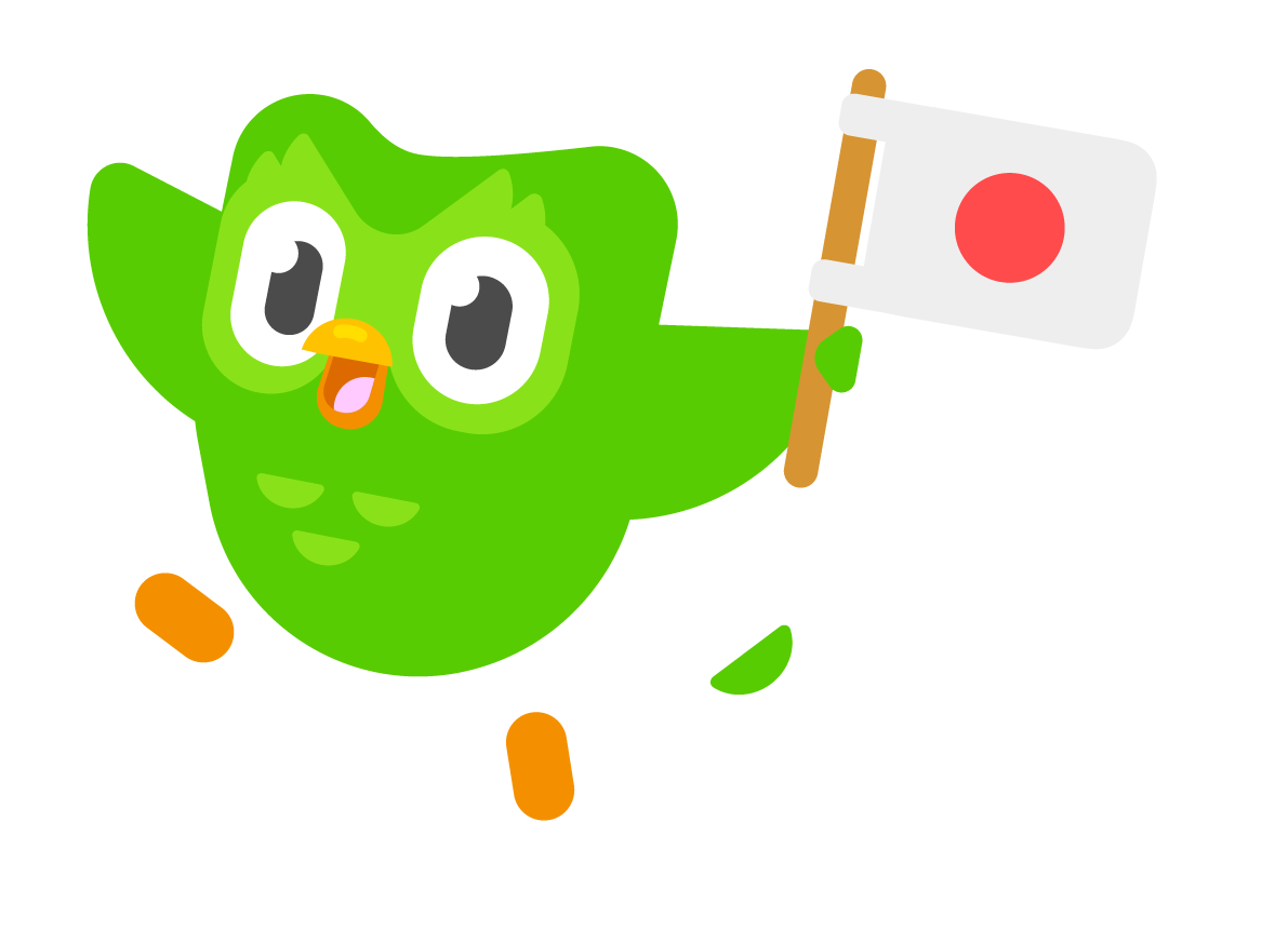 Duo the Duolingo owl, smiling and holding a Japanese flag in his left wing
